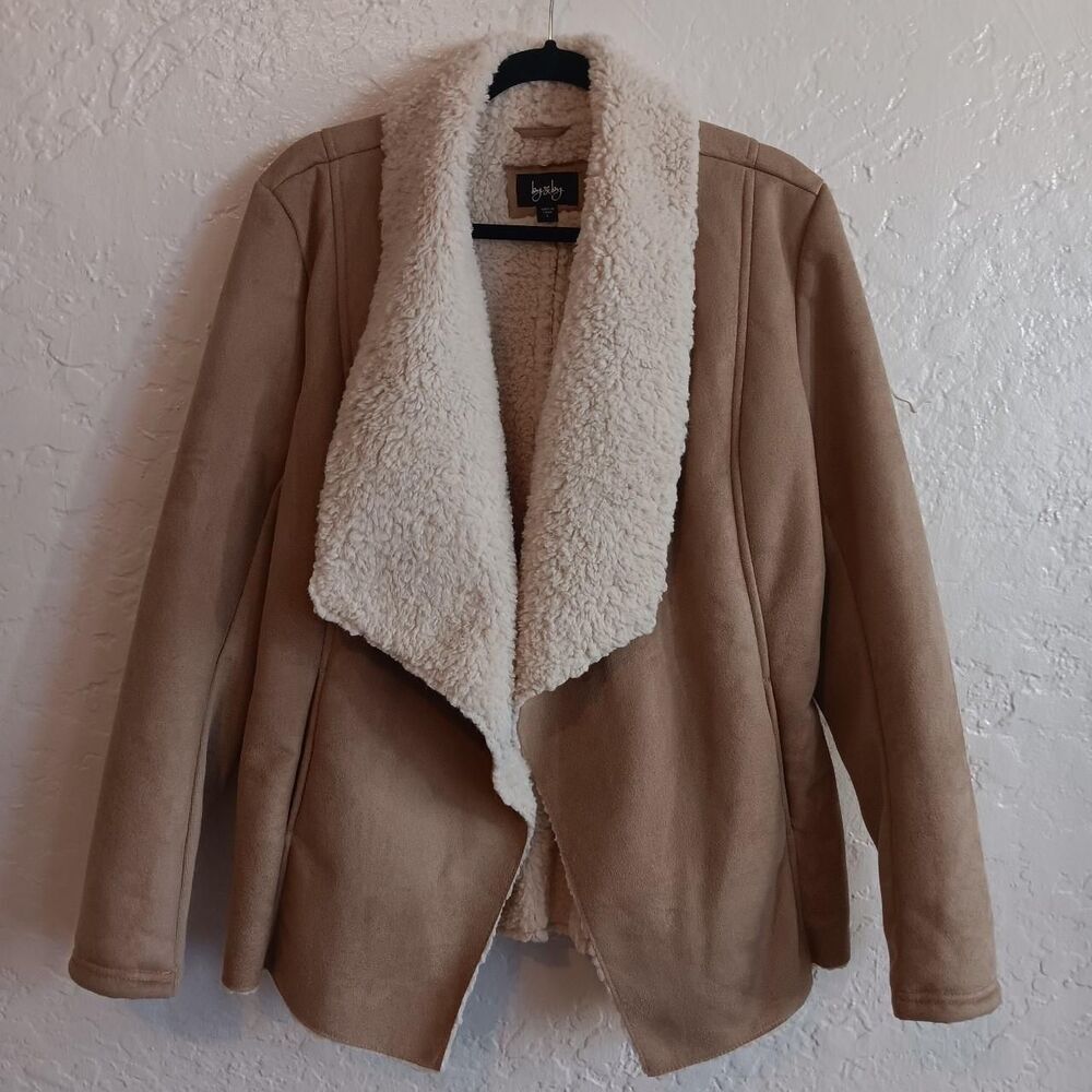 By & by sherpa lined open front coat jacket Womens Sz L faux fur tan outerwear